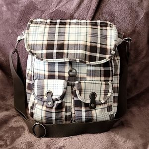 Dakine Messenger Bag Brown Plaid With Light Blue Polka Dot Lining